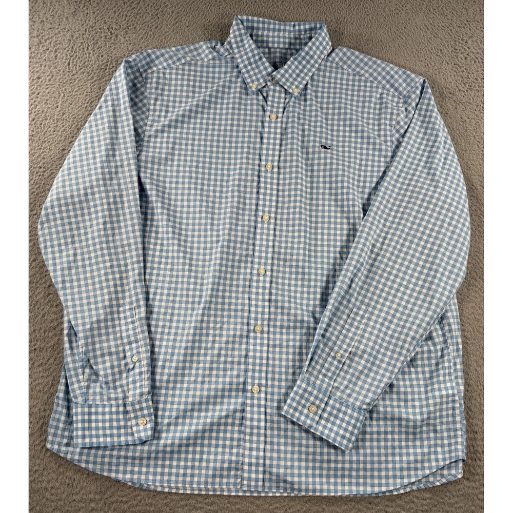 Vineyard Vines Performance Shirt Mens XL White Blue Gingham‎ Check Stretch